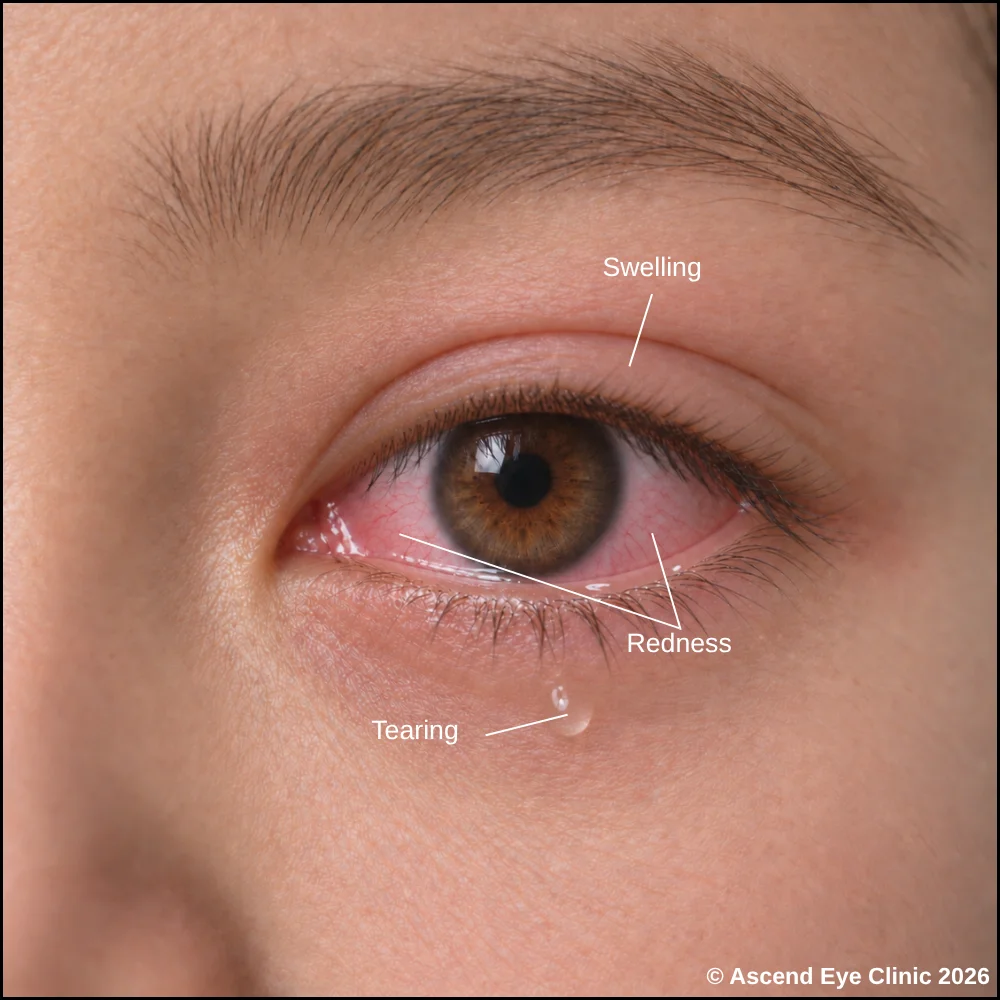 Illustration of allergic conjunctivitis with a red, watery eye