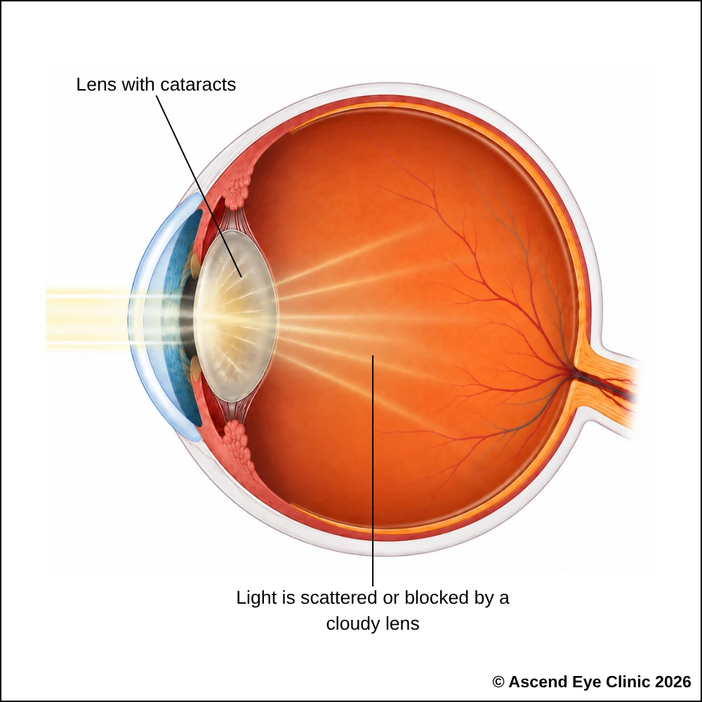 Diagram of an eye with a cataract, showing light scattered or blocked by a cloudy lens