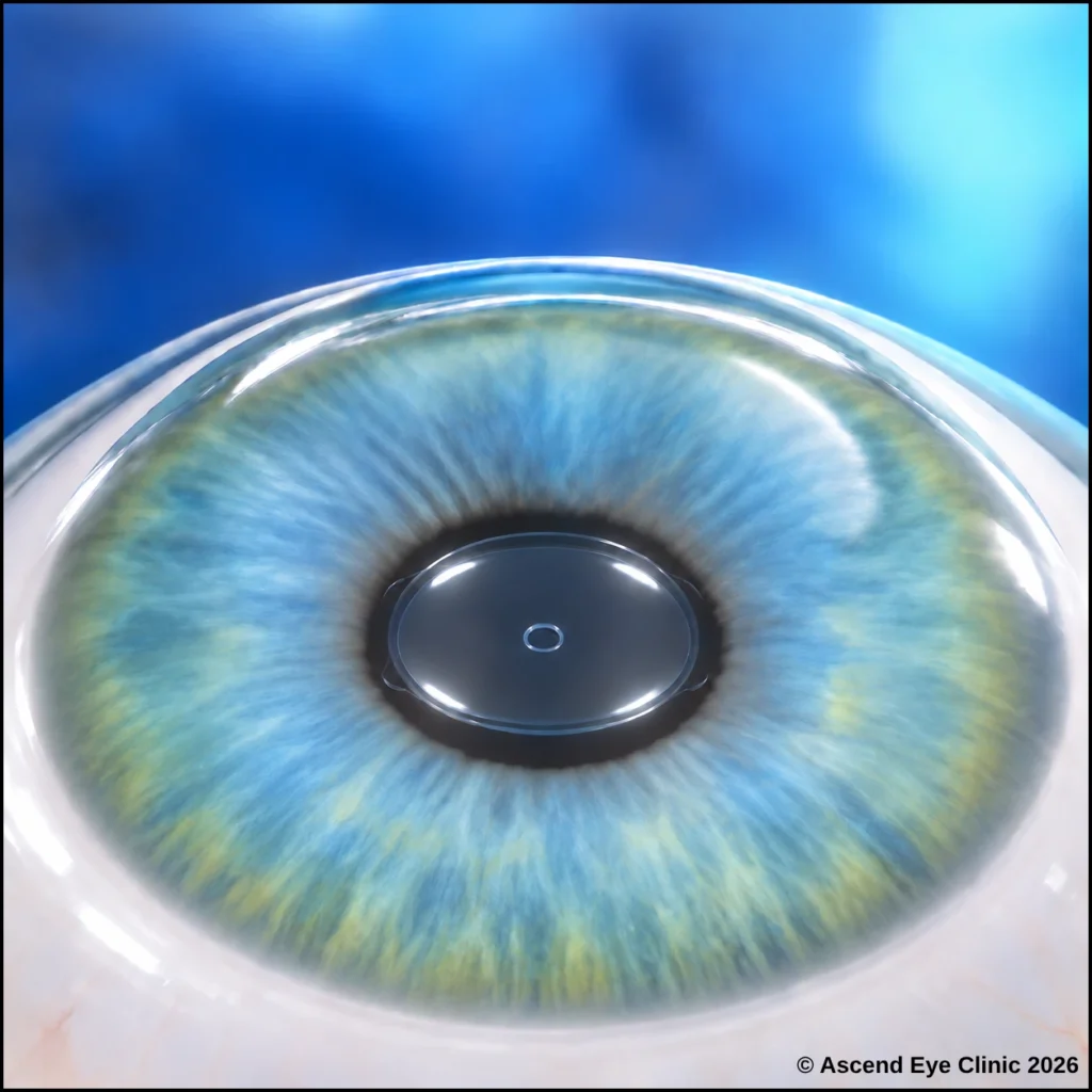 Illustration of an EVO Implantable Collamer Lens (ICL) placed in front of the natural lens