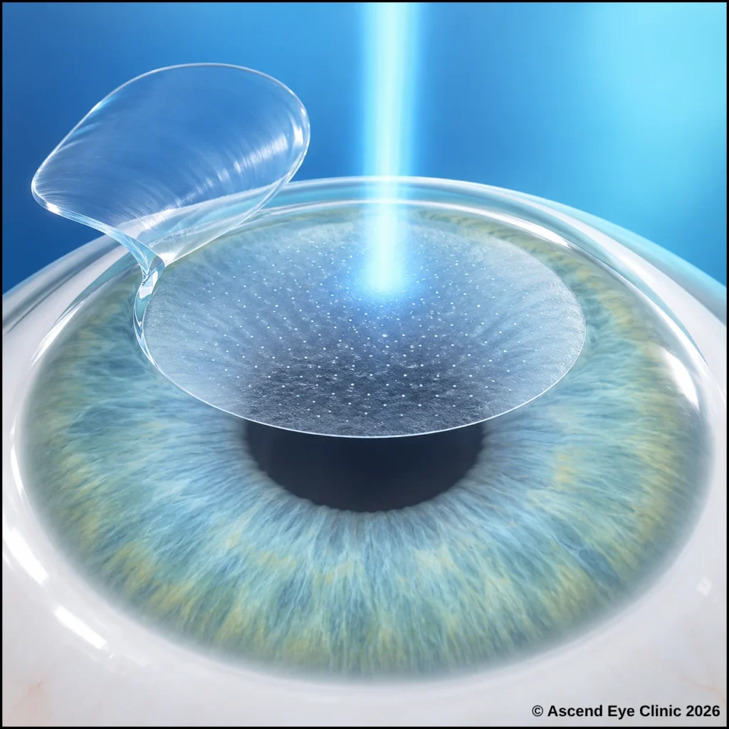 Illustration of FemtoLASIK showing a corneal flap lifted while a laser reshapes the cornea
