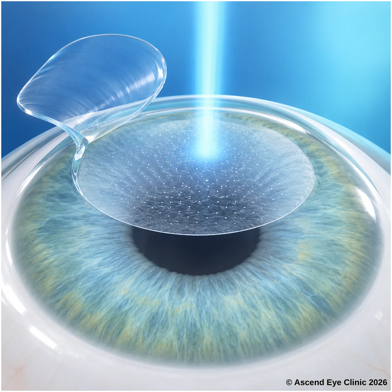 Illustration of FemtoLASIK showing a corneal flap lifted while a laser reshapes the cornea