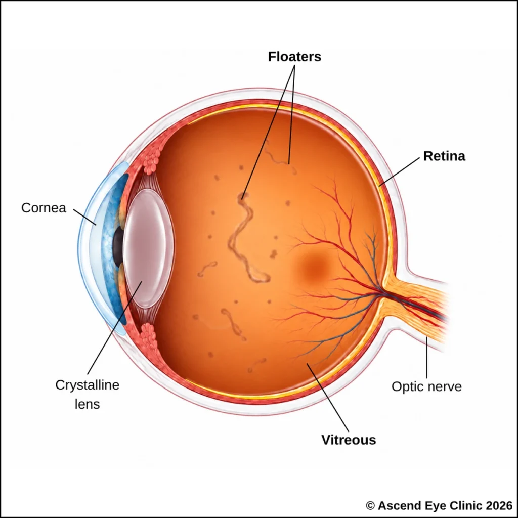 Diagram of vitreous floaters inside the eye