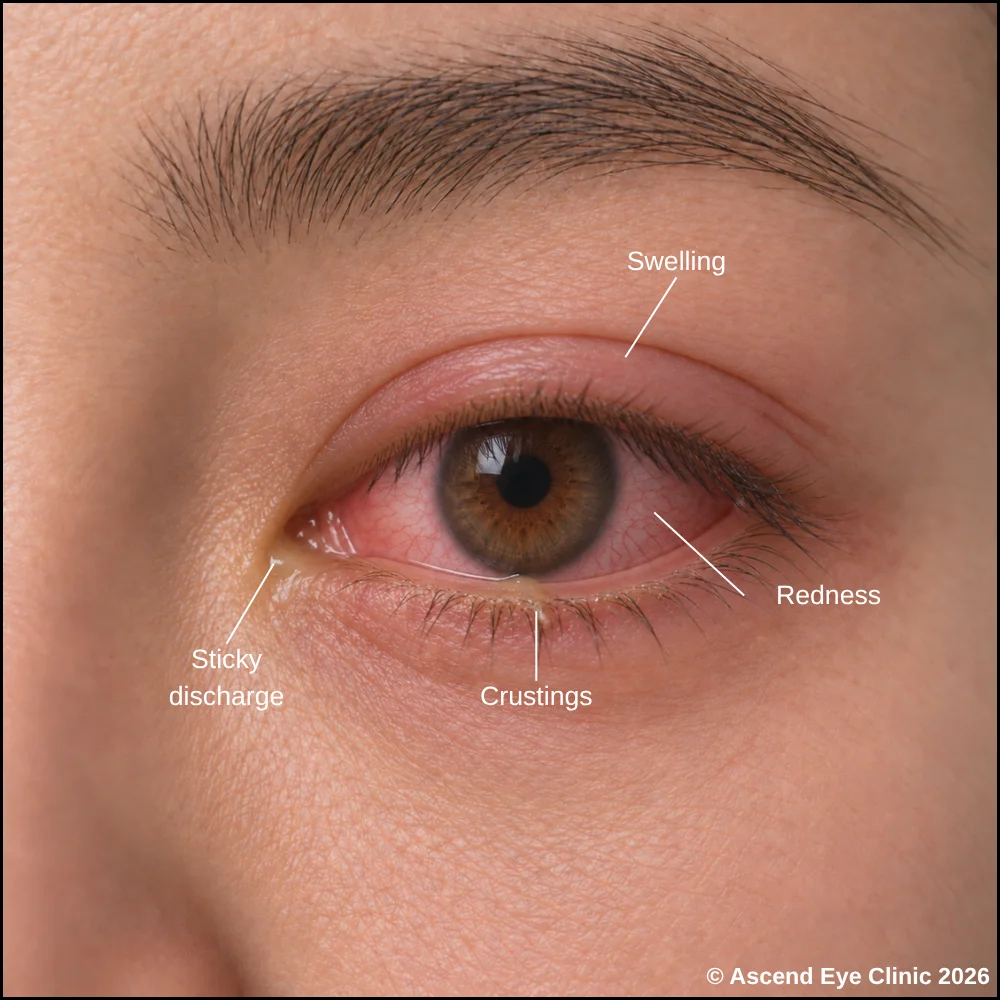 Illustration of infectious conjunctivitis with a red eye and discharge