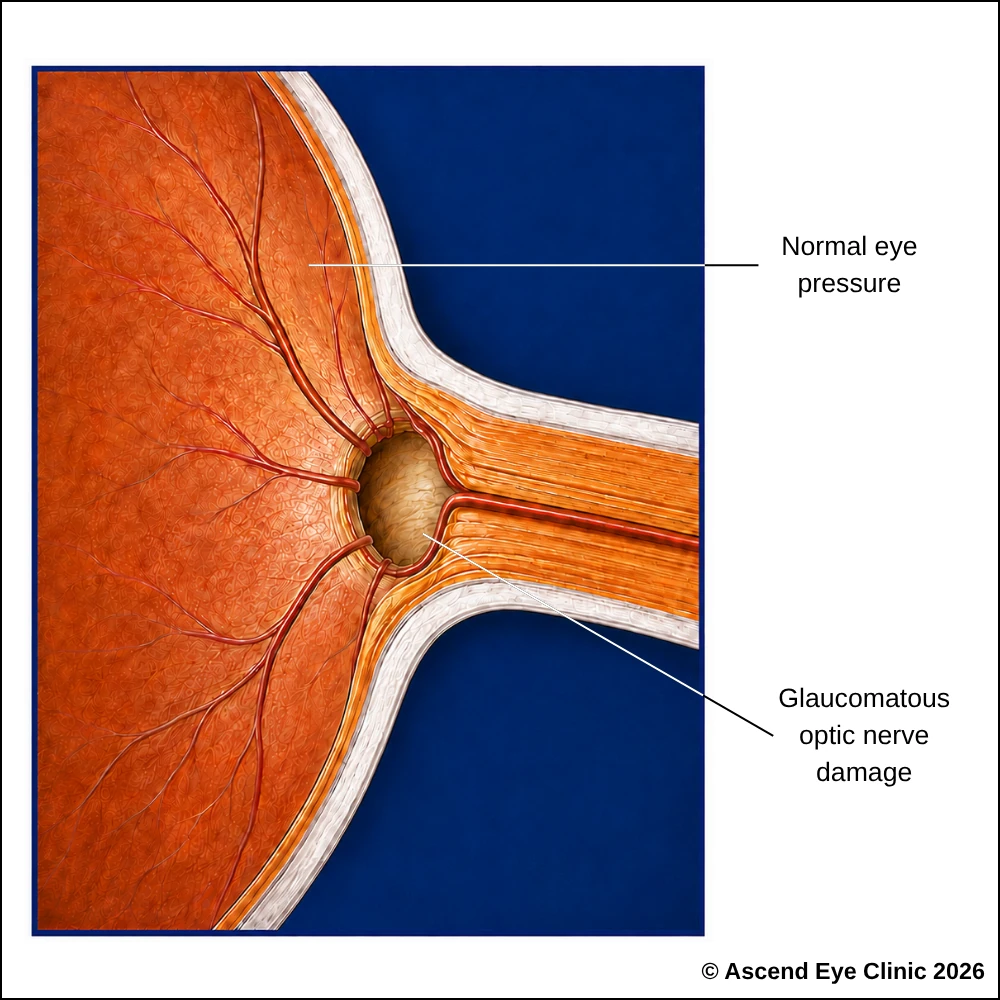 Normal tension glaucoma diagram showing glaucomatous optic nerve damage at normal eye pressure