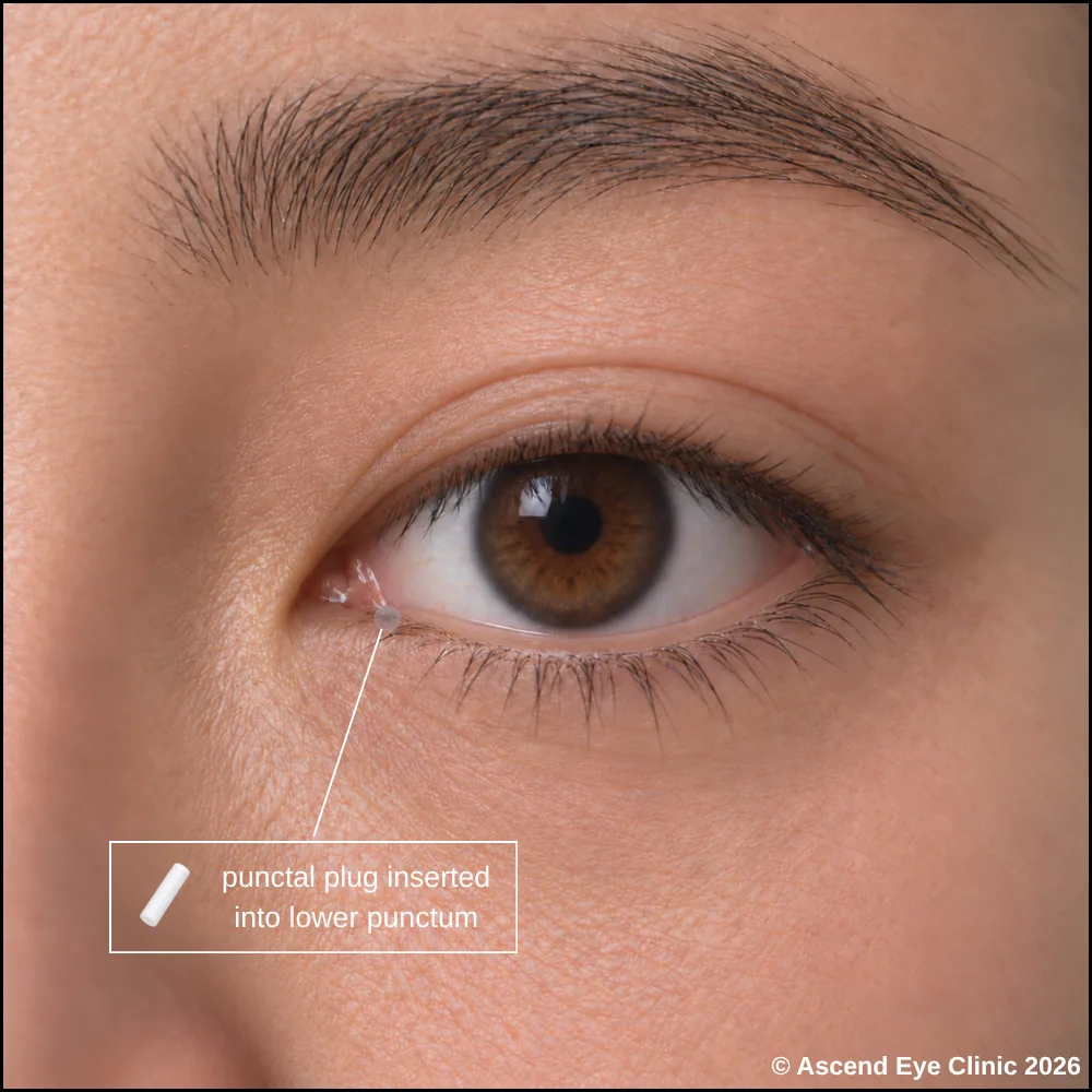 Illustration of punctal plugs inserted into the tear drainage openings of the eyelid