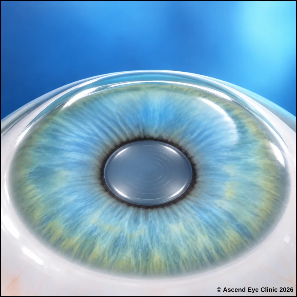 Illustration of refractive lens exchange showing an artificial lens implant in the eye