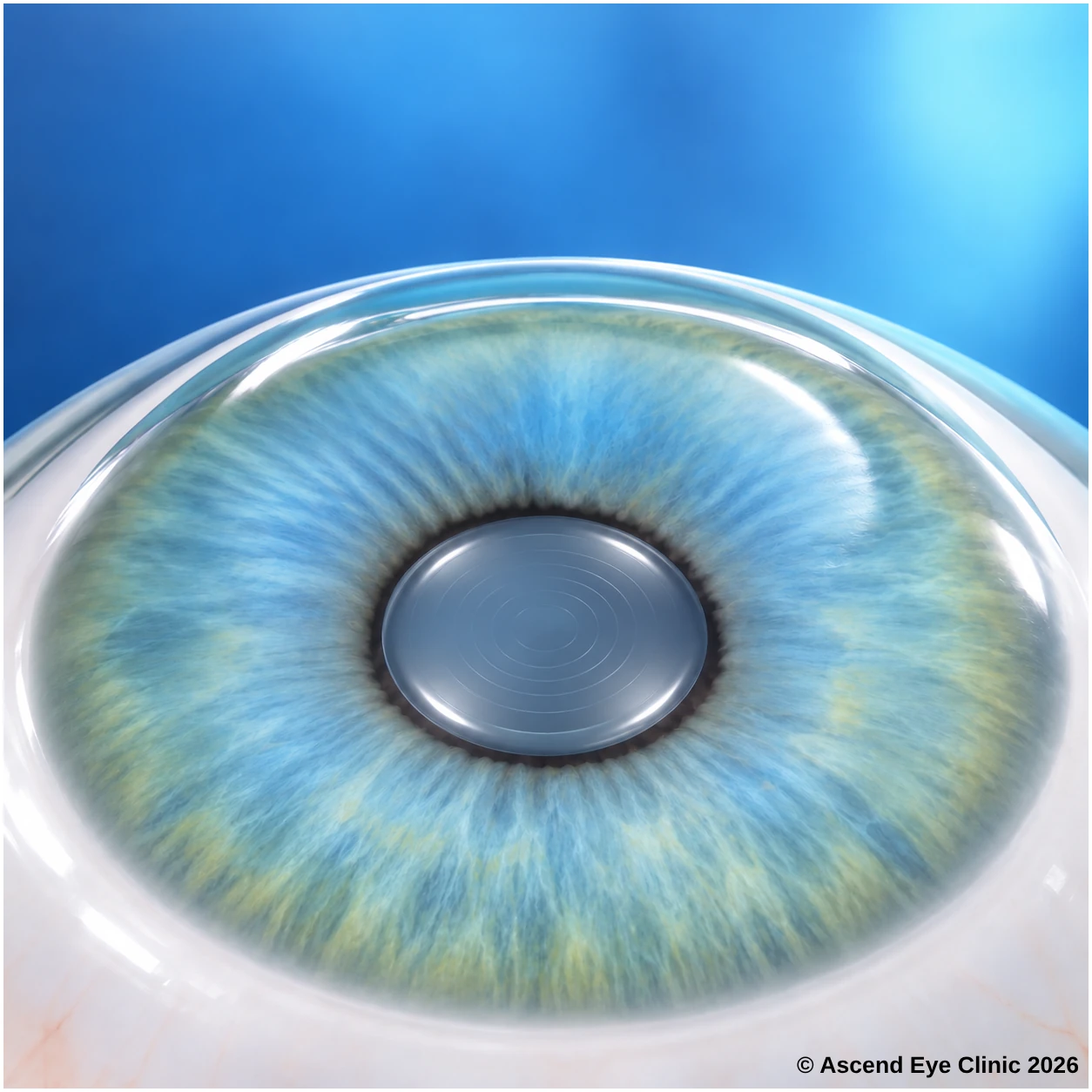 Illustration of refractive lens exchange showing an artificial lens implant in the eye