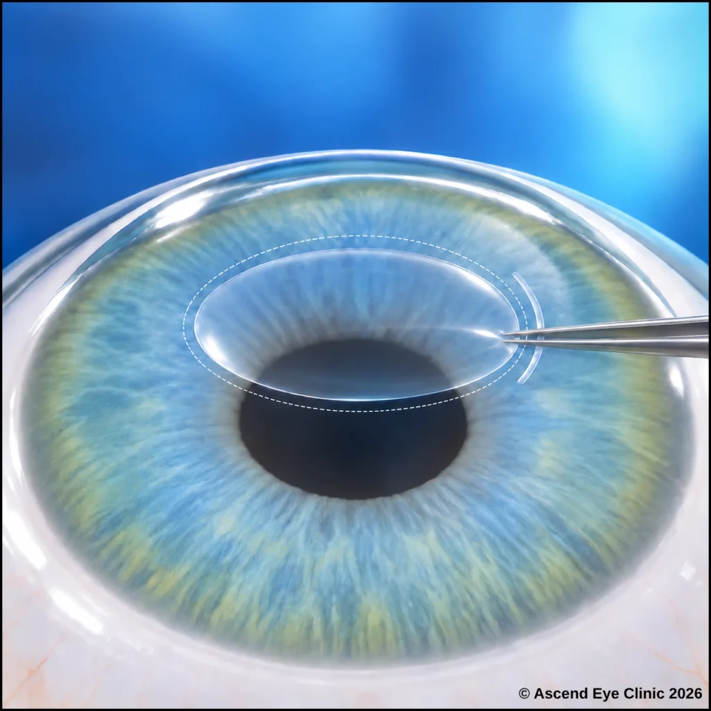Illustration of SMILE Pro 2.0 showing a lens-shaped piece of corneal tissue removed through a small incision