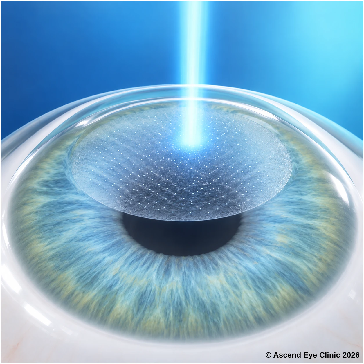 Illustration of SafeSight Transepithelial PRK showing a laser reshaping the corneal surface without a flap
