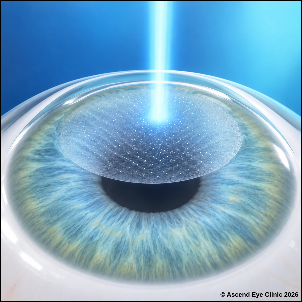 Illustration of SafeSight Transepithelial PRK showing a laser reshaping the corneal surface without a flap