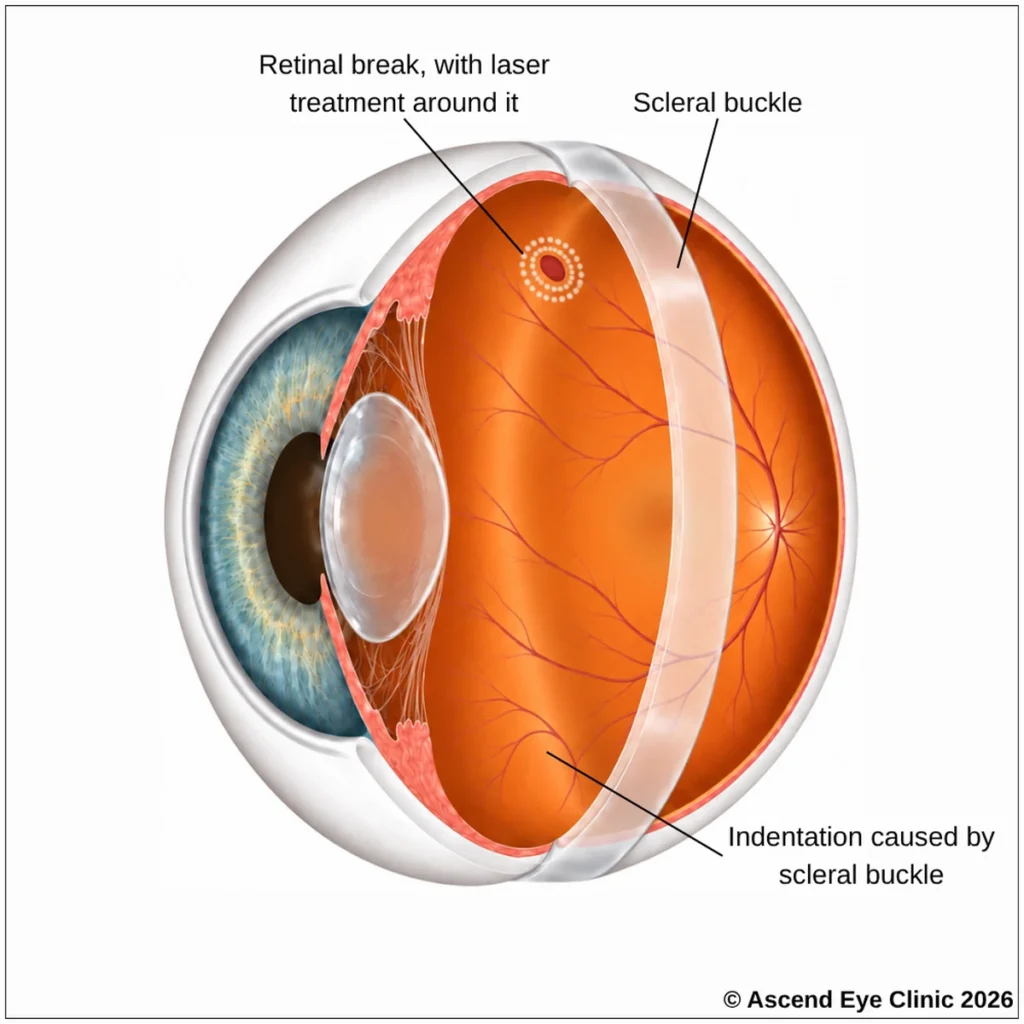Scleral buckle surgery for retinal detachment