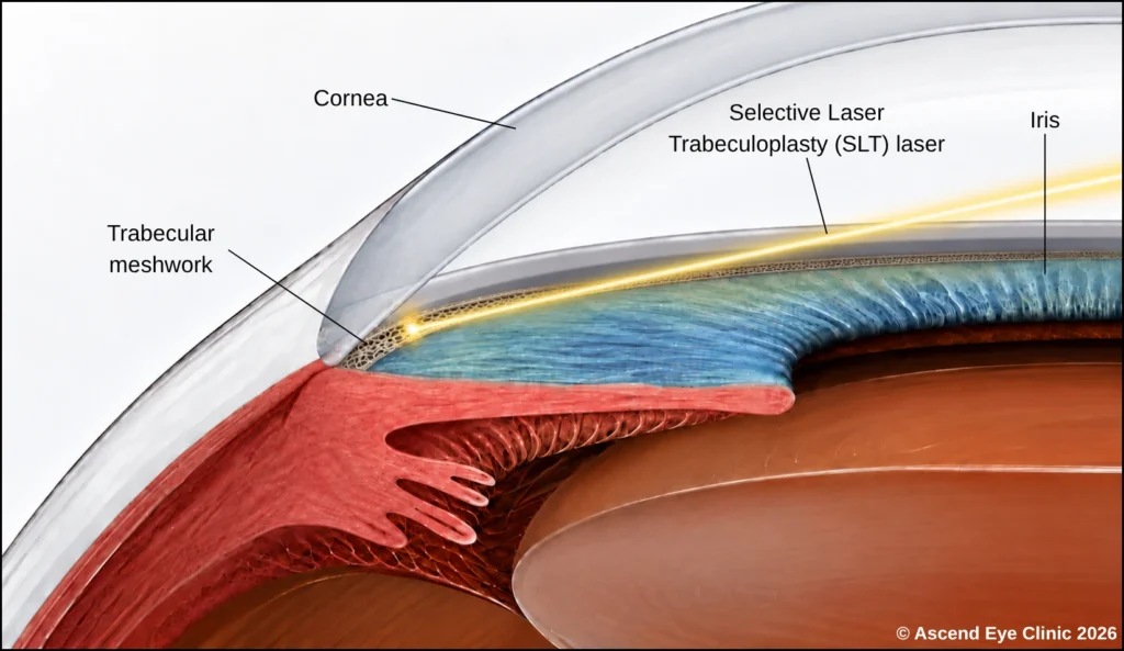 Selective laser trabeculoplasty (SLT) diagram showing the laser directed at the trabecular meshwork