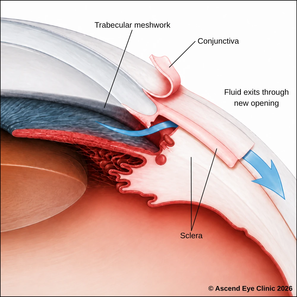 Trabeculectomy diagram showing fluid exiting through a new opening under the conjunctiva