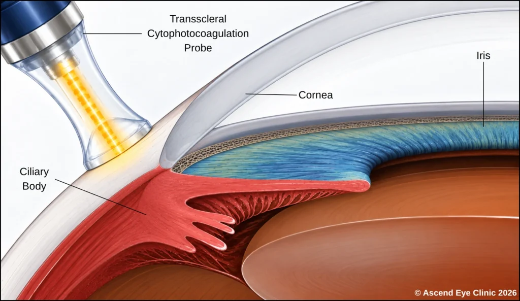 Transscleral cyclophotocoagulation diagram showing the probe applied to the eye over the ciliary body