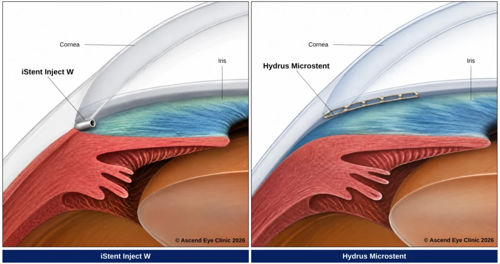 Comparison of the iStent Inject W and Hydrus Microstent MIGS devices placed in the eye